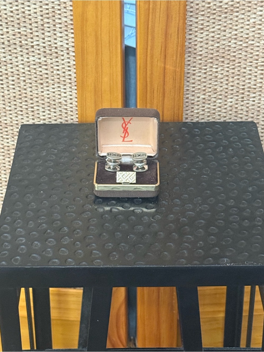 Yves Saint Laurent Vintage Platinum Cufflinks and Tie Pin - with original box